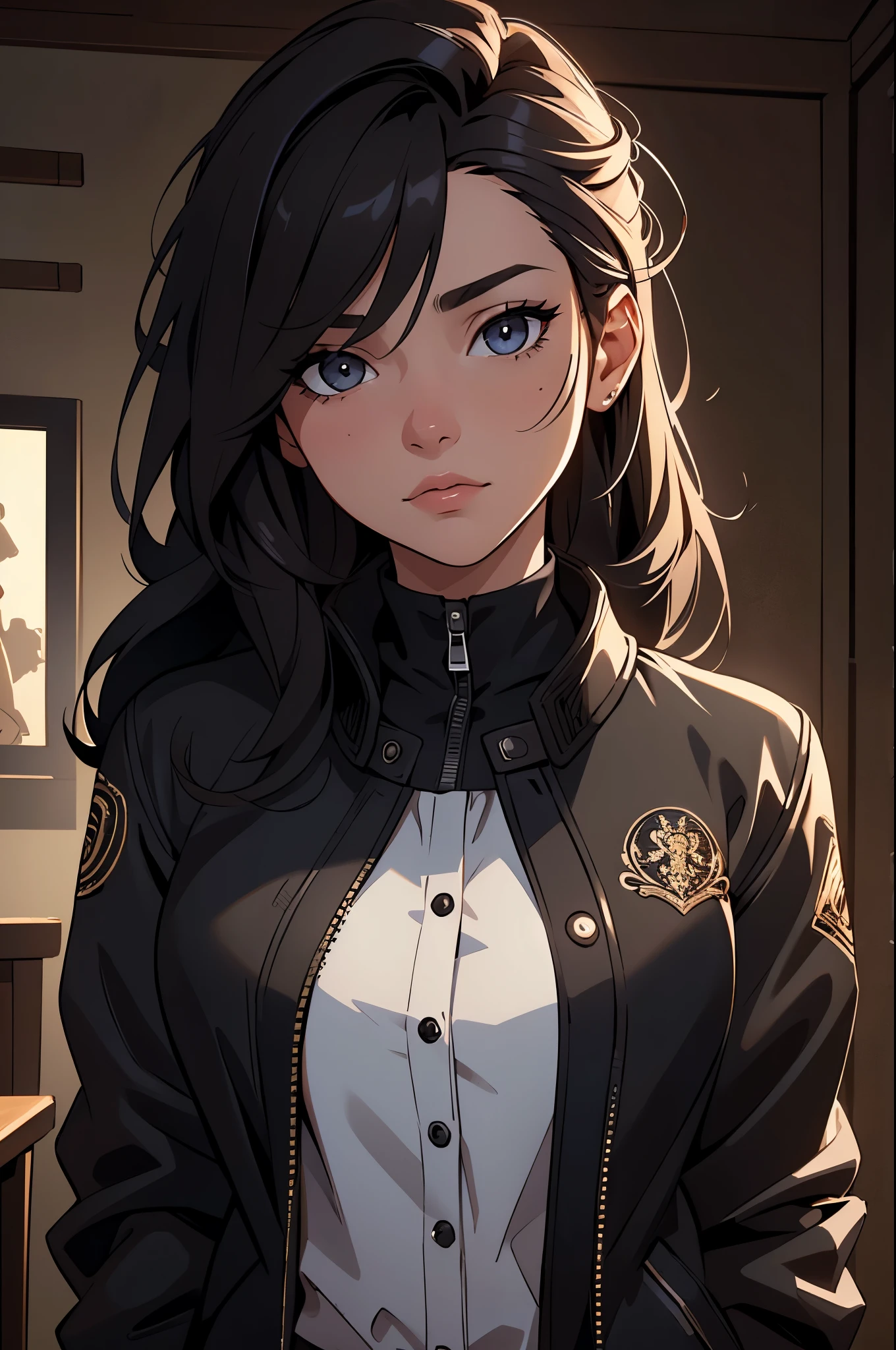 1girl,masterpiece, (8k, best quality, masterpiece:1.2),highly detailed,ultra-detailed,masterclass,best quality,illustration,hair_between_eyes,perfect lighting, cowboy shot, cv16,black jacket