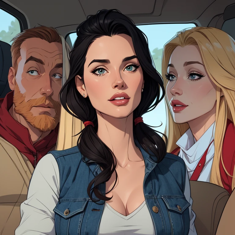 estilo de desenho animado:1.2), Geena Davis  s Mulher brasileira desenho ART Artline mulher  Imagem cartoon de uma mulher , roupas sensuais , garota super valente destemida , Ilustra??o estilo desenho animadocabelo preto ondulado, estilo de arte dos desenhos animados, estilo de arte dos desenhos animados, digital illustration style, design de personagens altamente detalhado, arte digital detalhada fofa, Fan art horror character design portrait, black curly hair digital illustration beautiful high quality portrait, arte em quadrinhos, retrato do design do personagem, Busty undressed and medium breasted female character cartoon style Geena Davis character sheet, homem grego branco com cabelo curto muito encaracolado e barba, Red baseball cap, Black and red utility jacket, motorist, alta qualidade, bonito, jeans azul claro, smooth body hair, messy look, robusto e sujo, different facial expressions, corpo todo, camisa branca, masculine, Alto,