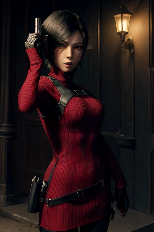 (masterpiece, best quality:1.4), insaneres, absurdres, solo, looking at viewer,BREAK GAME_ResidentEvil4Remake_AdaWong_ownwaifu, 1girl, asian, black hair, short hair, brown eyes, lips, bangs, large breasts, red lips, makeup, lipstick, sweater, dress, gloves, holster, shoulder holster, black gloves, turtleneck, turtleneck sweater, sweater dress, ribbed sweater, long sleeves, harness, belt, holding gun, red sweater, red dress, (contrapposto, hand on hip), night time, sidelighting, outdoors, depth of field,