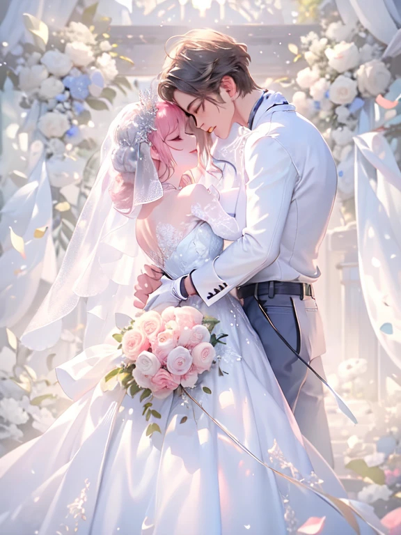 masterpiece, One girl, One boy, dress, Two people, wedding style dress, tie, Couple, smile, Strapless dress, close your eyes, pants, Strapless, Veil, flower, Long Hair, Holding, jewelry, gloves, shirt, necklace, flower束, white pants, Holding flower束, white dress, blue eyes, white shirt, Open jacket, Holding hands, elbow gloves, white gloves, White jacket, pink tie, bridal Veil, White Background, wedding style, couple, Long sleeve, long dress, pink flower, short hair, Are standing, Novel cover