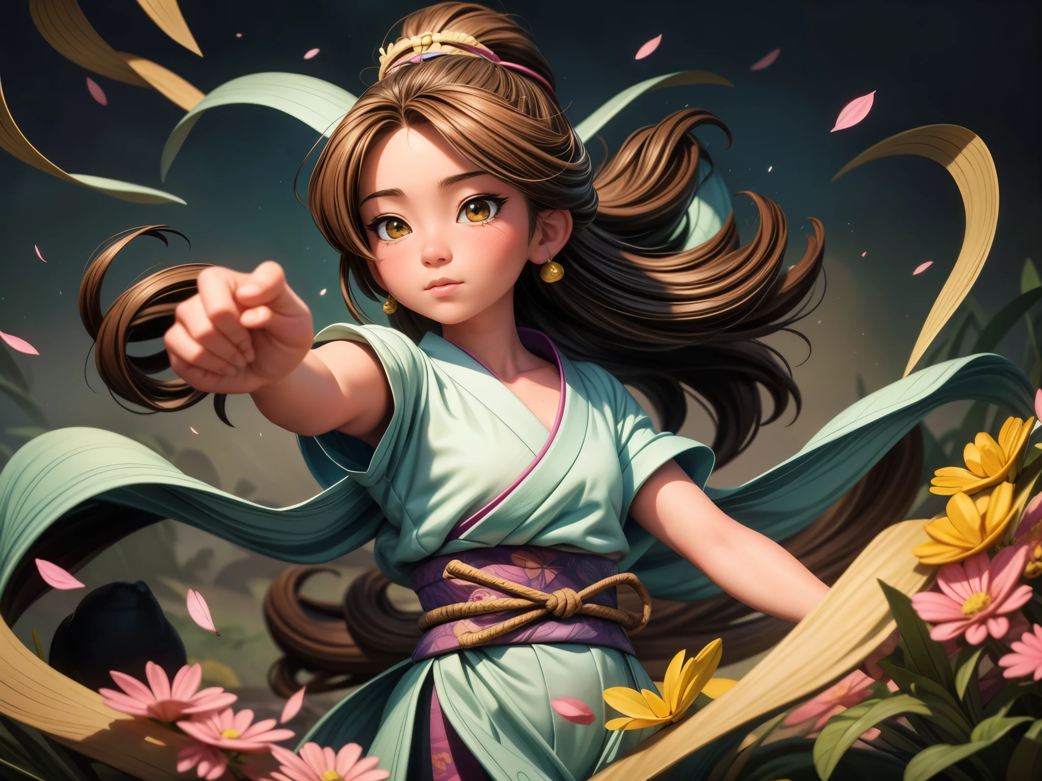 best quality,4k,8k,highres,masterpiece:1.2,ultra-detailed,realistic:1.37,traditional painting,Natsuki Takaya inspired artwork,bright colors,soft lighting,detailed background,lush garden,traditional Japanese art,ink wash painting,playful expression of characters,beautiful detailed eyes,beautiful detailed lips,cute detailed whiskers,traditional Japanese clothing,lively atmosphere,magical creatures,bold brushstrokes,delicate linework,flowing and dynamic composition,vibrant colors,subtle shading,detailed fur and clothes,expressive facial features,serene and tranquil setting,peaceful mood,fantastical world,playful poses,traditional elements blended with a modern twist,dark fantasy theme,emotive characters,whimsical and enchanting,typical yokai creatures,supernatural powers,action-packed scenes,expressive eyes,body movements with dynamic flow,expressive tails,visible brushstrokes,texture-rich details,dynamic interaction between characters,stylized and intricate details,atmospheric perspective incorporating depth,depiction of Japanese folklore and legends