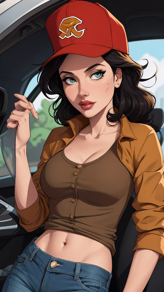 estilo de desenho animado:1.2), Geena Davis s Mulher brasileira desenho ART Artline mulher Imagem cartoon de uma mulher , roupas sensuais , garota super valente destemida , Ilustra??o estilo desenho animadocabelo preto ondulado, estilo de arte dos desenhos animados, estilo de arte dos desenhos animados, digital illustration style, design de personagens altamente detalhado, arte digital detalhada fofa, Fan art horror character design portrait, black curly hair digital illustration beautiful high quality portrait, arte em quadrinhos, retrato do design do personagem, Busty undressed and medium breasted female character cartoon style Geena Davis character sheet, homem grego branco com cabelo curto muito encaracolado e barba, Red baseball cap, Black and red utility jacket, motorist, alta qualidade, bonito, jeans azul claro, smooth body hair, messy look, robusto e sujo, different facial expressions, corpo todo, camisa branca, masculine, Alto,