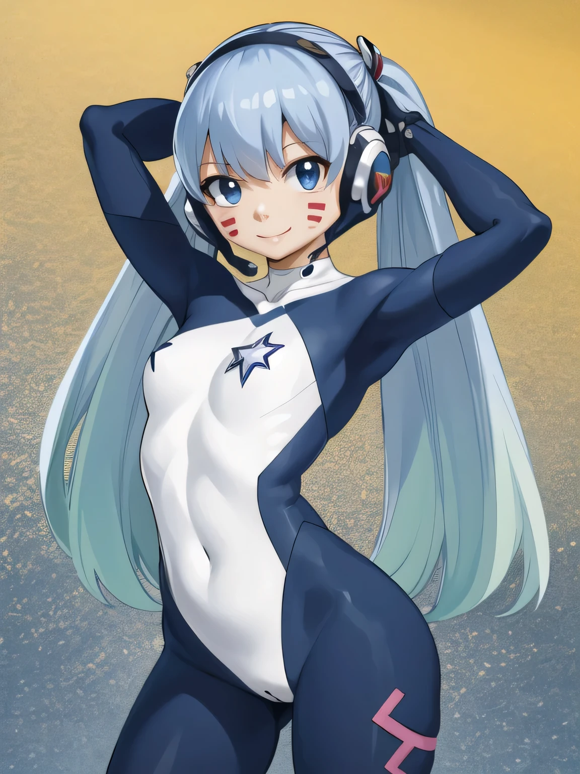 masterpiece, best quality, highres, aamio, long hair, twintails, facial mark, headphones, small breasts, white bodysuit, skin tight, gloves, dynamic pose, contrapposto, spread armpit, arms behind head, smile, solo, looking at viewer, (cowboy shot:1.5), cyberpunk, smile, night sky, beach,