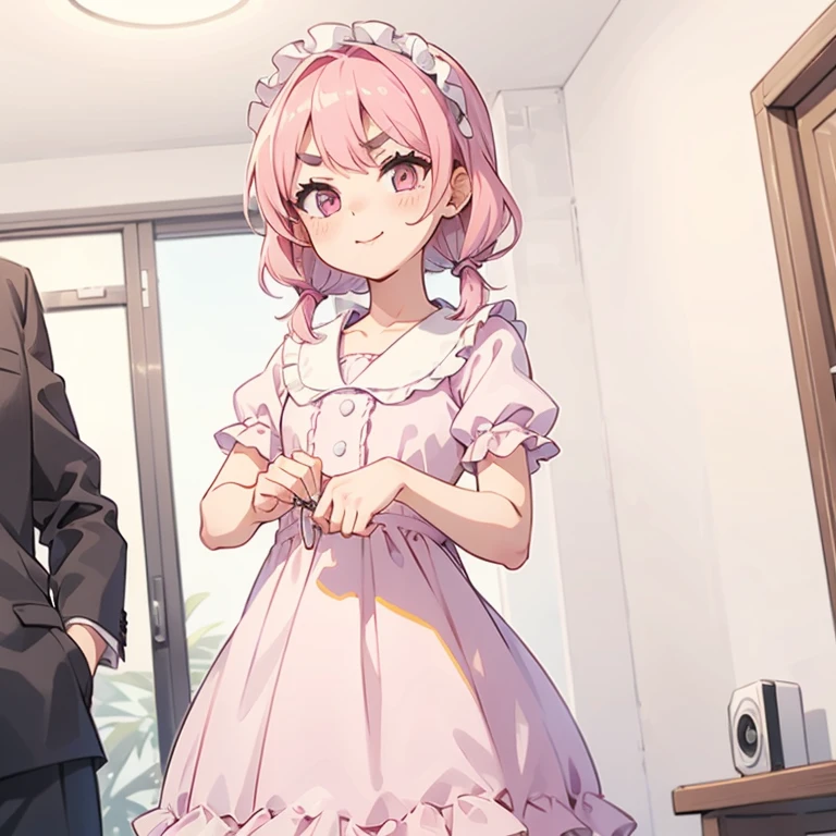 Girls with pink hair, long double-tailed hairstyle, ((small pink bushy eyebrows)), dressed in lolita clothes, open dress, lolicon (Zankuro) drawing style by zankuro artist, Zancro style, image uploaded to R34, changing of clothes in a room, looking away, sexy flirtatious look,not looking at the camera (hidden camera recording it, security camera filter recording it)