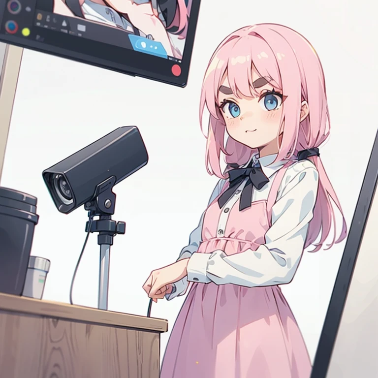 Girls with pink hair, long double-tailed hairstyle, ((small pink bushy eyebrows)), dressed in lolita clothes, marked vagina, lolicon (Zankuro) drawing style by zankuro artist, Zancro style, image uploaded to R34, changing of clothes in a room, looking away, sexy flirtatious look,not looking at the camera (hidden camera recording it, security camera filter recording it)