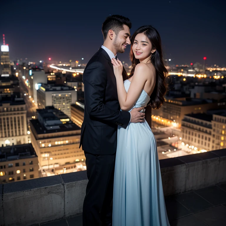 Realistic, Long shot, 4k, high detailed, high quality, Potrait of one man(24 years old) in a suit(in the middle) and a beautiful girls with luxury dress, standing, (very slim), medium breasts, blue laced gown, laced stockings, see through gown, perfectly proportioned, intimate, Lovers, close to each other, perfect anatomy, perfect background, perfect face, perfect body, detailed face, look at camera, ,((both Smile at your audience, Make eye contact with your audience)),cityscape, rooftop , dim lights, blurry background, big windows, (night)),Luxury background