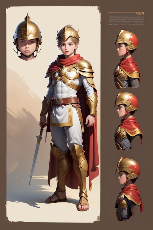 boy character model, different angles, various poses and expressions, children's book illustration style, character sheets, white background, charming spartan soldier, golden breastplate, red cape, brown leather sandals, helmet, round shield