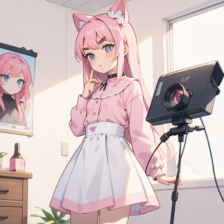 Girls with pink hair, long double-tailed hairstyle, ((small pink bushy eyebrows)), dressed in lolita clothes, marked vagina, lolicon (Zankuro) drawing style by zankuro artist, Zancro style, image uploaded to R34, changing of clothes in a room, looking away, sexy flirtatious look,not looking at the camera (hidden camera recording it, security camera filter recording it)