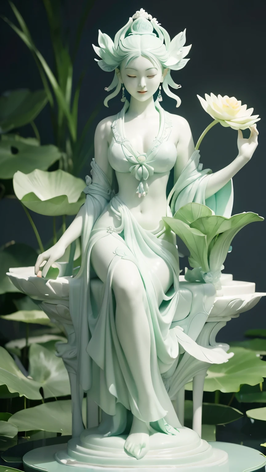 Nude Woman sitting on a lotus,guanyin of the southern seas,Guanyin,contented female bodhisattva,jade sculpture,bodhisattva,queen of the sea mu yanling,serene,Serene expression,shui mo hua,Buddha,Buddhist,Lotus,Chinese painting style,Thangka style. Nsfw
