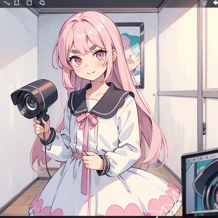 Girls with pink hair, long double-tailed hairstyle, ((small pink bushy eyebrows)), dressed in lolita clothes, open dress, lolicon (Zankuro) drawing style by zankuro artist, Zancro style, image uploaded to R34, changing of clothes in a room, looking away, sexy flirtatious look,not looking at the camera (hidden camera recording it, security camera filter recording it)