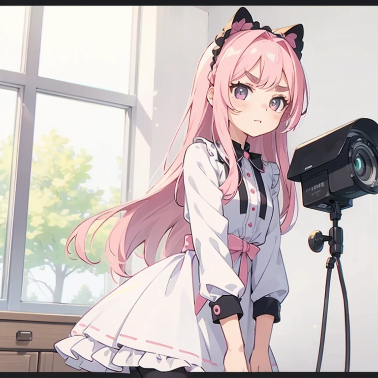 Girls with pink hair, long double-tailed hairstyle, ((small pink bushy eyebrows)), dressed in lolita clothes, open dress, lolicon (Zankuro) drawing style by zankuro artist, Zancro style, image uploaded to R34, changing of clothes in a room, looking away, sexy flirtatious look,not looking at the camera (hidden camera recording it, security camera filter recording it)