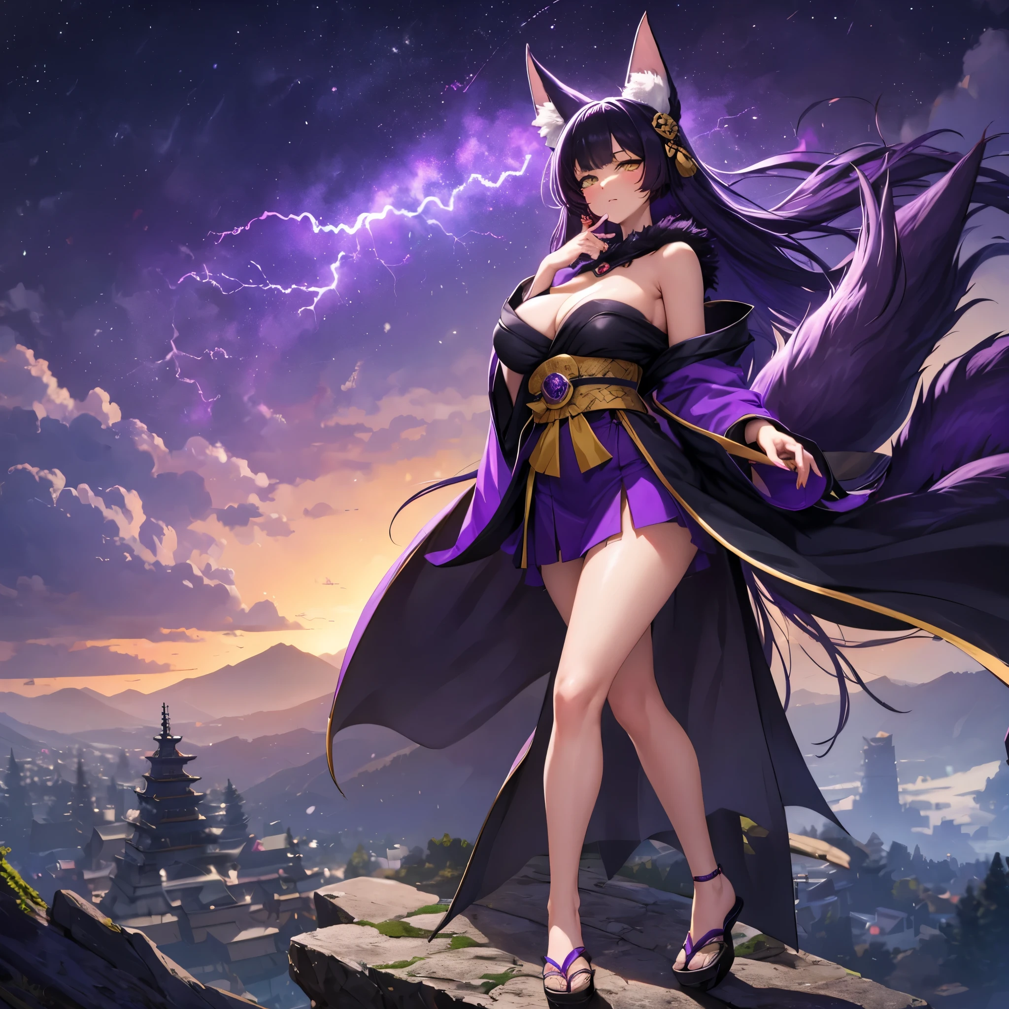 A woman wearing dark purple kimono, long dark purple hair, yellow eyes, kitsune ears, kitsune tail, multi-tail, short skirt, black fur cape, large breasts, at the top of a mountain overlooking a traditional Japanese city in the background , view of the sky with a storm, purple lightning in the sky,full body,(woman solo)ultra resolution, very detailed, HDR, masterpiece, 8K hd
