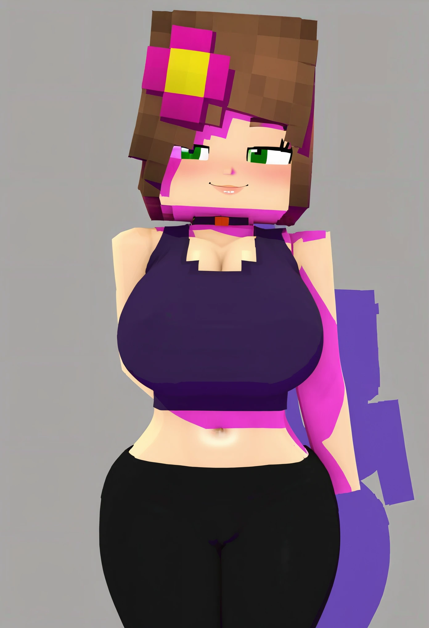 (8k, RAW photos, top quality, masterpiece: 1.2), (High Quality), ray tracing, HDR, (High Details), (Face detail), (Shadow Detail), 1girl, solo, Jenny belle, 3d, 3d render, minecraft woman, crop top, black pants,