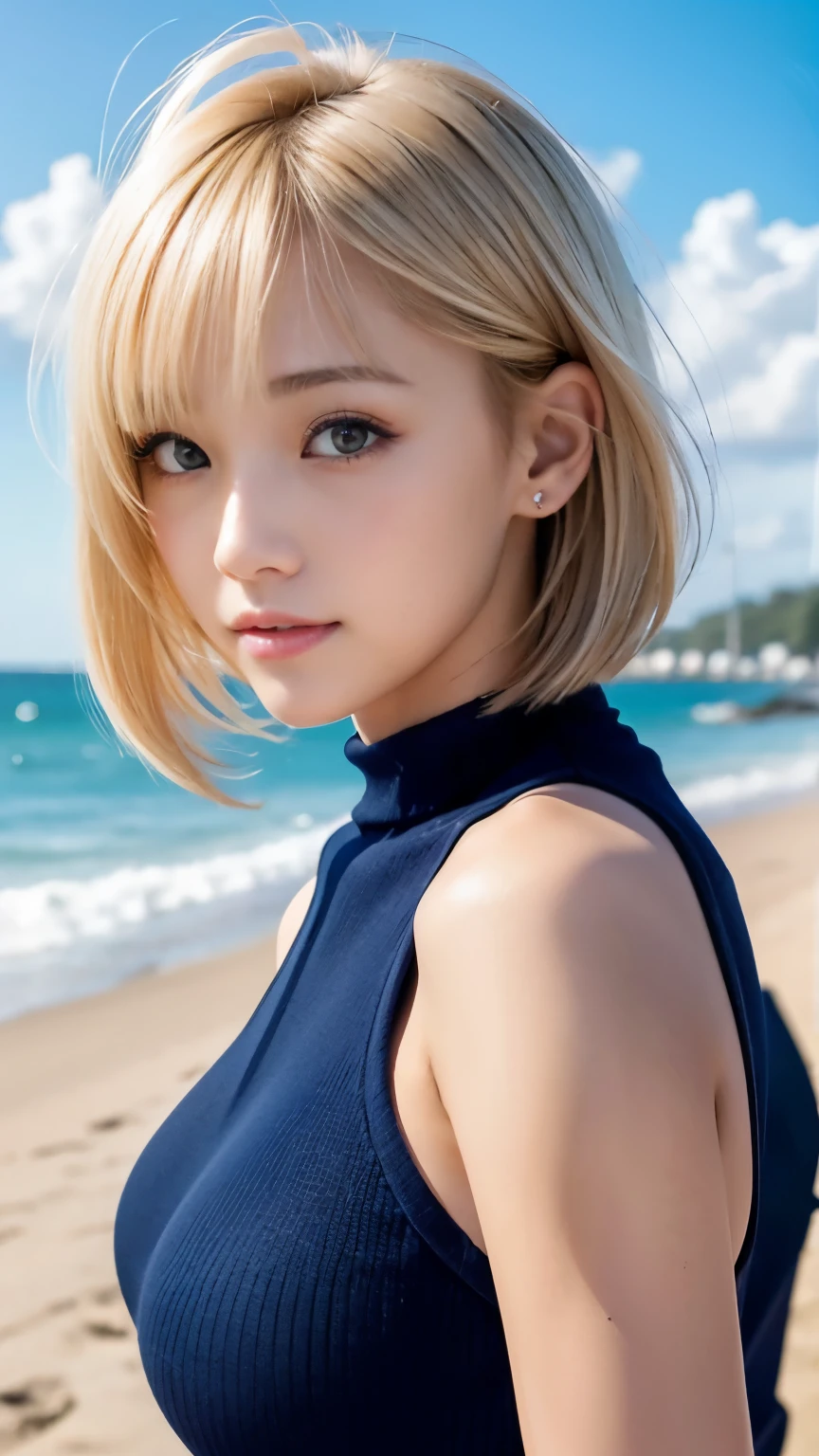 masutepiece, Best Quality, Illustration, Ultra-detailed, finely detail, hight resolution, 8K Wallpaper, Perfect dynamic composition, Beautiful detailed eyes, Swimsuit,blond hair, short hair, super big breasts, Natural Color Lip,Beach, Random and cute poses,