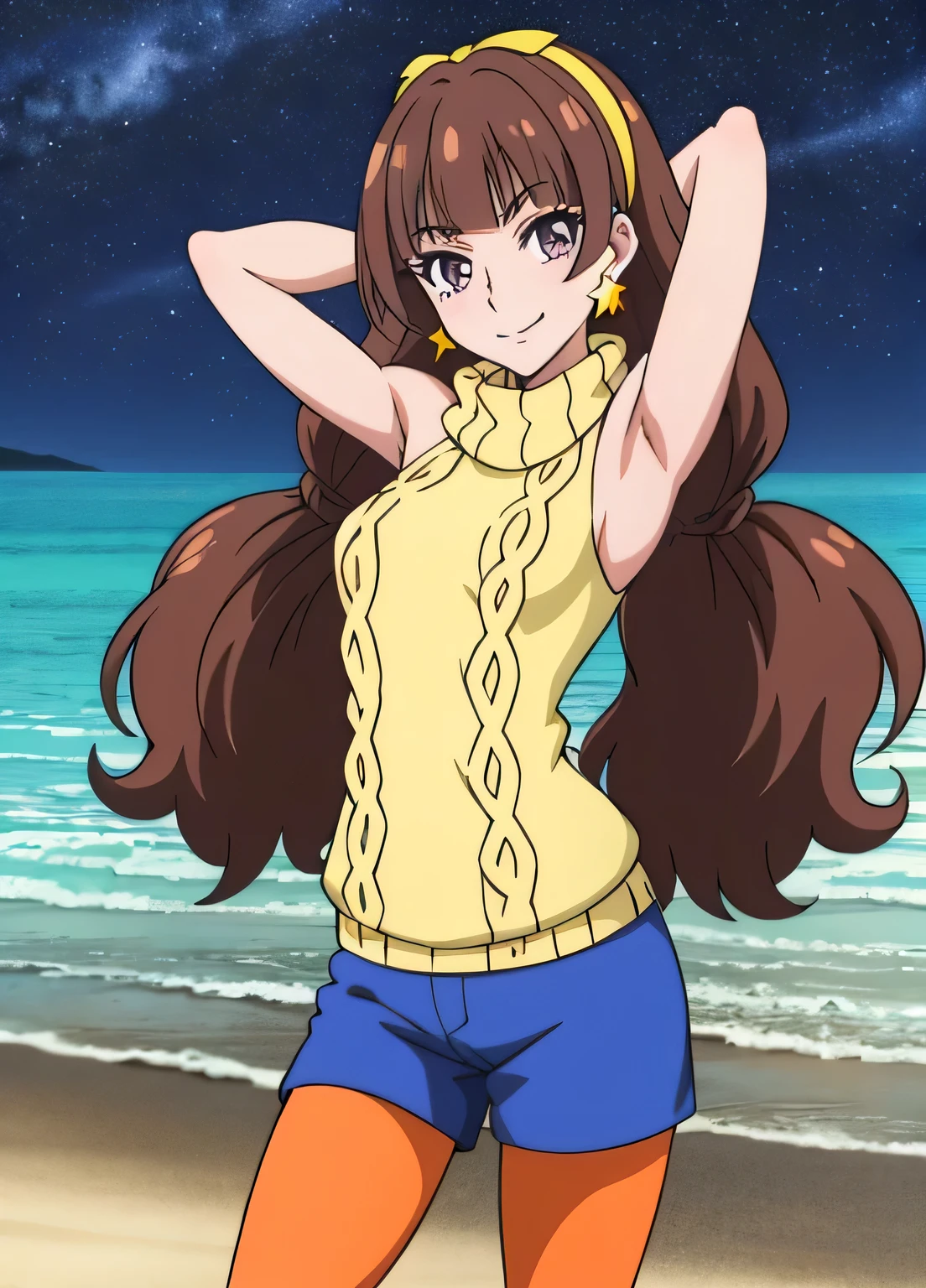 amanogawaki, 1girl, solo, yellow hairband, star earrings, turtleneck sweater, shoulder cutout, blue shorts, orange pantyhose, dynamic pose, contrapposto, spread armpit, arms behind head, solo, looking at viewer, (cowboy shot:1.5), closed mouth, night sky, beach, masterpiece, best quality, smile, anime coloring,   