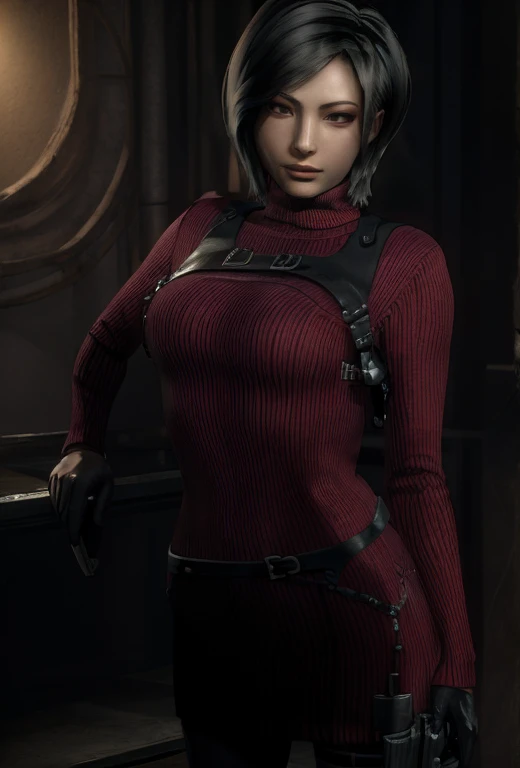 (masterpiece, best quality:1.4), insaneres, absurdres, solo, looking at viewer,BREAK GAME_ResidentEvil4Remake_AdaWong_ownwaifu, 1girl, asian, black hair, short hair, brown eyes, lips, bangs, large breasts, red lips, makeup, lipstick, sweater, dress, gloves, holster, shoulder holster, black gloves, turtleneck, turtleneck sweater, sweater dress, ribbed sweater, long sleeves, harness, belt, holding gun, red sweater, red dress, (contrapposto, hand on hip), night time, sidelighting, outdoors, depth of field, 