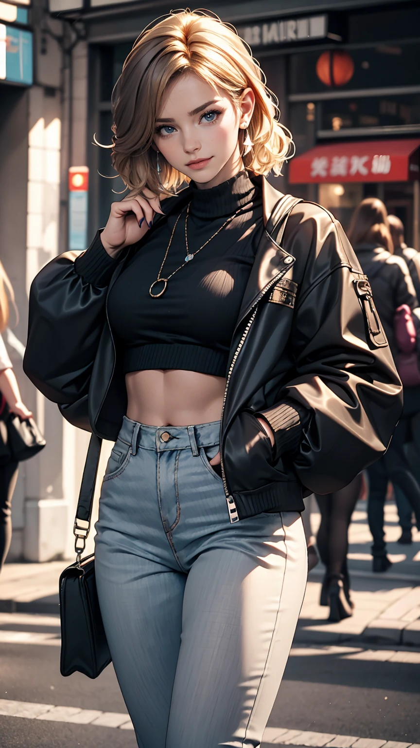 ((最high quality, 8K, masterpiece: 1.3, Ultra HD, high quality, 最high quality, High resolution, realism)) 、A 22-year-old extremely beautiful white woman、Body shape like a fashion model、Hair color blonde、blue eyeedium Hair、Straight Hair、smile、Background blur((depth of field))、Aerial perspective((atmospheric perspective))、I want my head to stay off screen、Put an anklet on your ankle、Wearing red nail polish、I have a peticure、Fashion model body type、purple inner color((colored inner hair))、Hair behind ears((hair behind ear))、Wear high-neck zipper-up tops、Large chest、Narrow waist、Wear leggings、Wear high heels