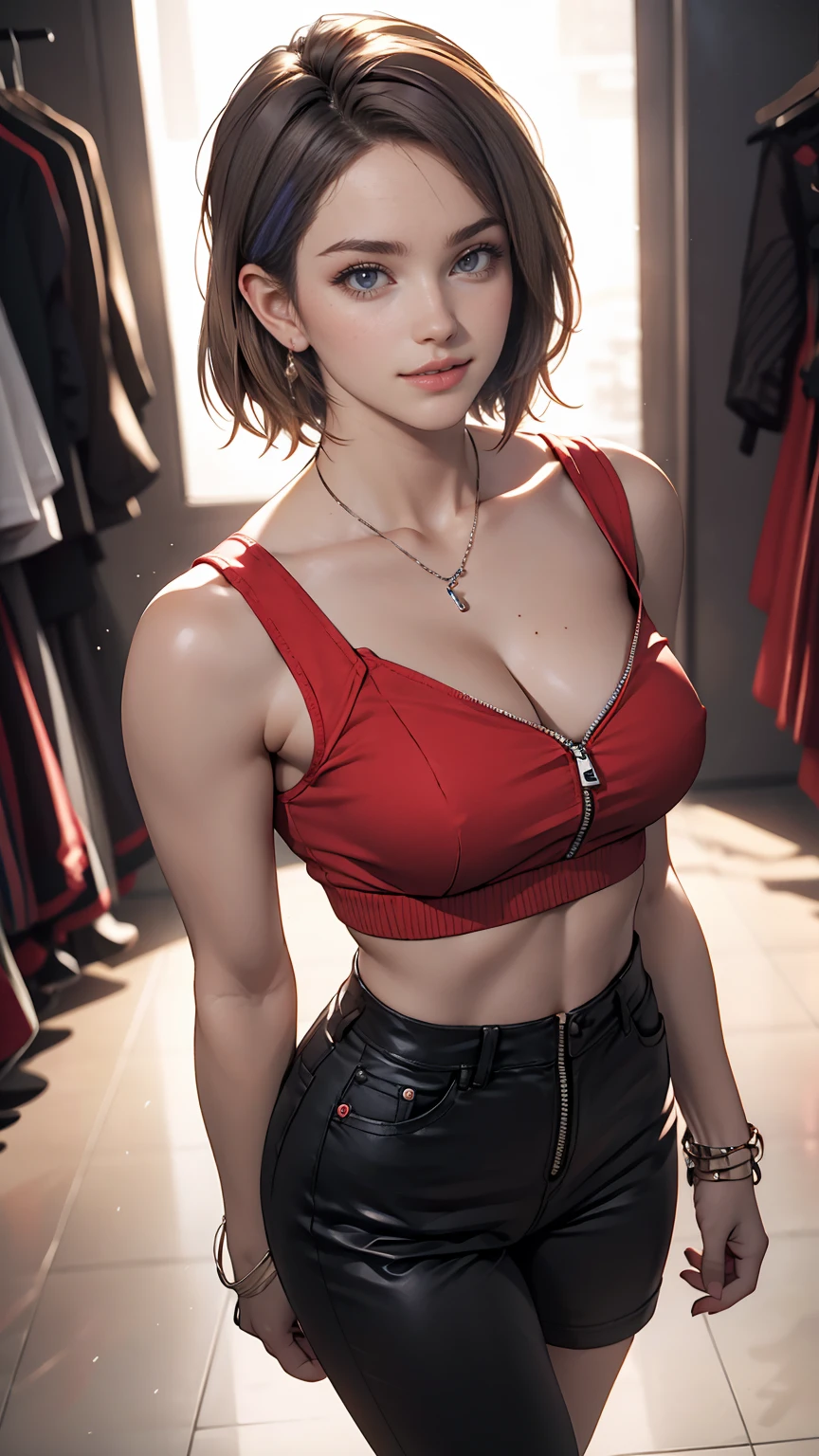 ((最high quality, 8K, masterpiece: 1.3, Ultra HD, high quality, 最high quality, High resolution, realism)) 、A 22-year-old extremely beautiful white woman、Body shape like a fashion model、Hair color blonde、blue eyeedium Hair、Straight Hair、smile、Background blur((depth of field))、Aerial perspective((atmospheric perspective))、I want my head to stay off screen、Put an anklet on your ankle、Wearing red nail polish、I have a peticure、Fashion model body type、purple inner color((colored inner hair))、Hair behind ears((hair behind ear))、Wear high-neck zipper-up tops、Large chest、Narrow waist、Wear leggings、Wear high heels