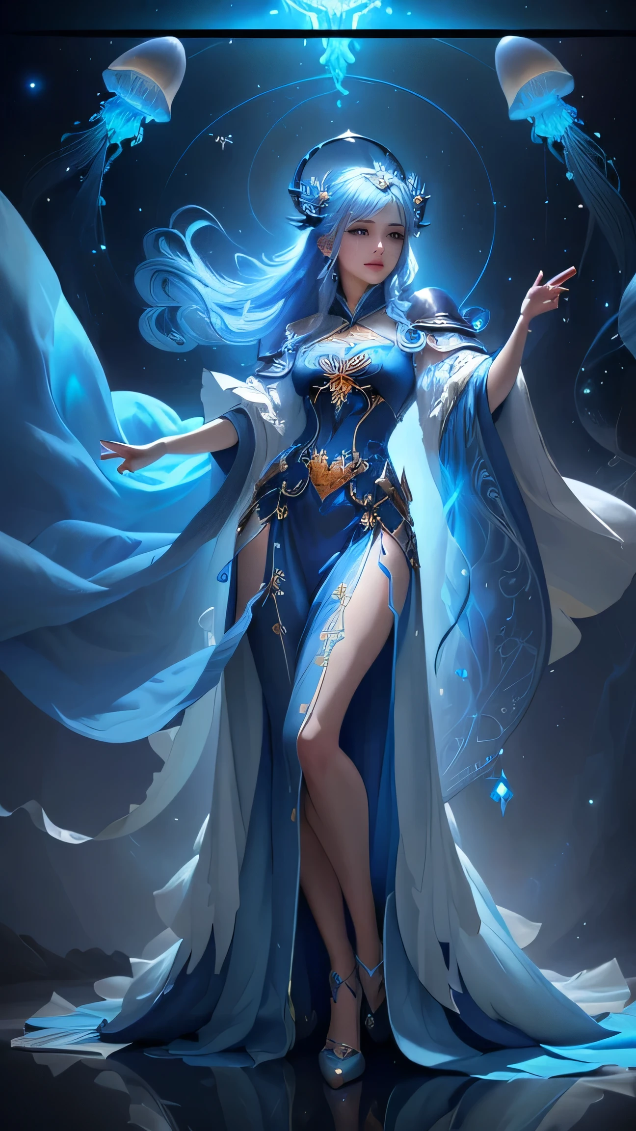 a close up of a woman in a blue dress with a blue cape, flowing magical robe, beautiful celestial mage, rossdraws global illumination, rossdraws cartoon vibrant, jellyfish priestess, ornate flowing robe, onmyoji detailed art, beautiful full body concept art, cushart krenz key art feminine, full portrait of elementalist