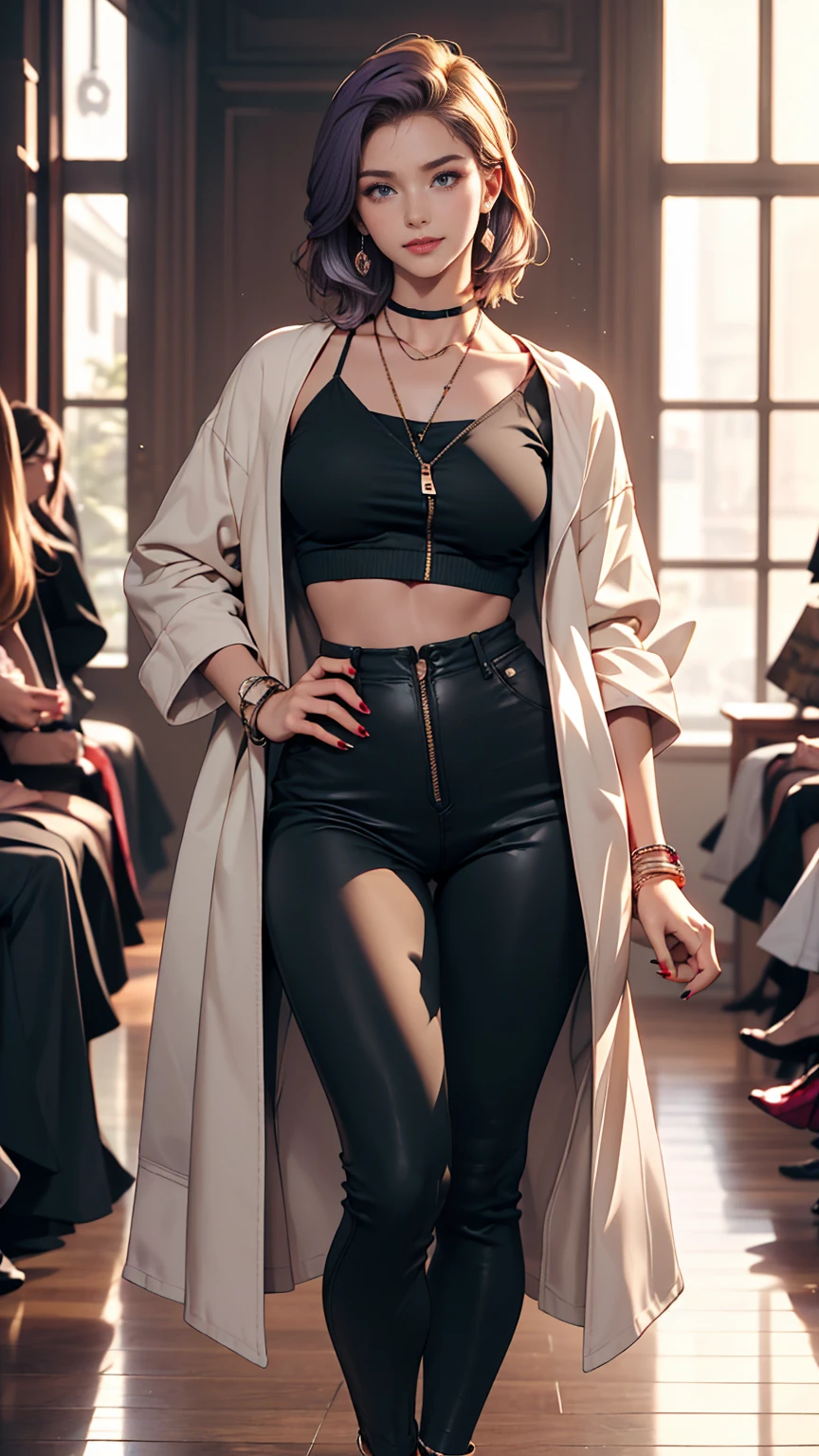 ((最high quality, 8K, masterpiece: 1.3, Ultra HD, high quality, 最high quality, High resolution, realism)) 、A 22-year-old extremely beautiful white woman、Body shape like a fashion model、Hair color blonde、blue eyeedium Hair、Straight Hair、smile、Background blur((depth of field))、Aerial perspective((atmospheric perspective))、I want my head to stay off screen、Put an anklet on your ankle、Wearing red nail polish、I have a peticure、Fashion model body type、purple inner color((colored inner hair))、Hair behind ears((hair behind ear))、Wear high-neck zipper-up tops、Large chest、Narrow waist、Wear leggings、Wear high heels