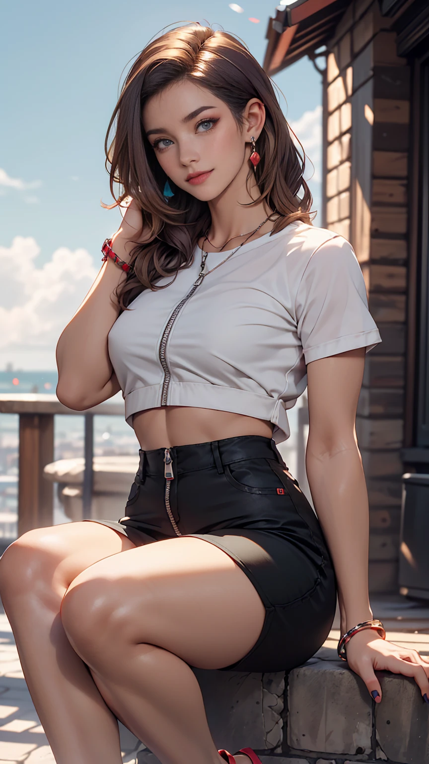 ((最high quality, 8K, masterpiece: 1.3, Ultra HD, high quality, 最high quality, High resolution, realism)) 、A 22-year-old extremely beautiful white woman、Body shape like a fashion model、Hair color blonde、blue eyeedium Hair、Straight Hair、smile、Background blur((depth of field))、Aerial perspective((atmospheric perspective))、I want my head to stay off screen、Put an anklet on your ankle、Wearing red nail polish、I have a peticure、Fashion model body type、purple inner color((colored inner hair))、Hair behind ears((hair behind ear))、Wear high-neck zipper-up tops、Large chest、Narrow waist、Wear leggings、Wear high heels