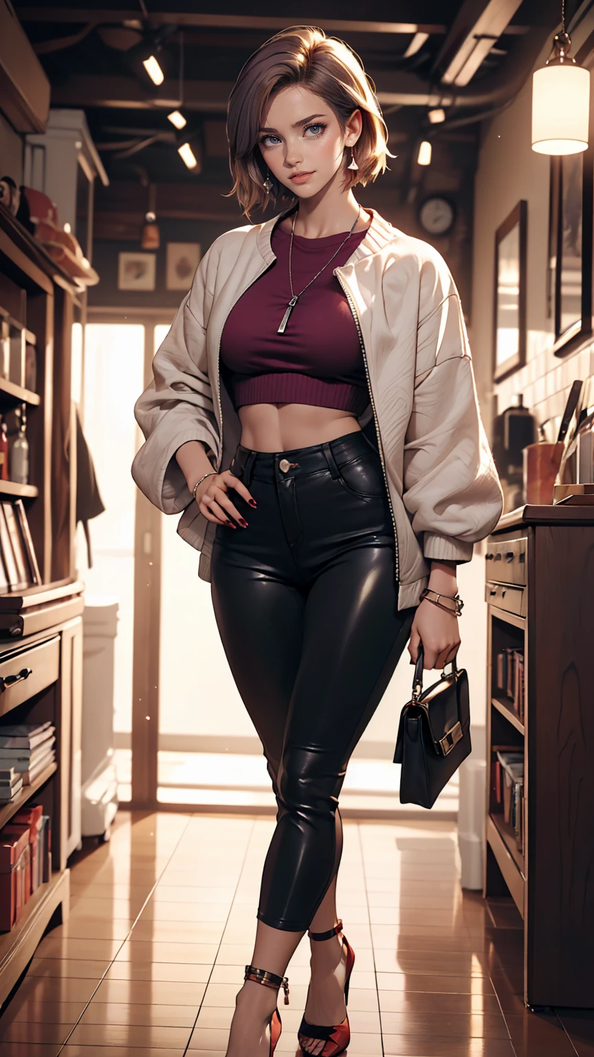 ((最high quality, 8K, masterpiece: 1.3, Ultra HD, high quality, 最high quality, High resolution, realism)) 、A 22-year-old extremely beautiful white woman、Body shape like a fashion model、Hair color blonde、blue eyeedium Hair、Straight Hair、smile、Background blur((depth of field))、Aerial perspective((atmospheric perspective))、I want my head to stay off screen、Put an anklet on your ankle、Wearing red nail polish、I have a peticure、Fashion model body type、purple inner color((colored inner hair))、Hair behind ears((hair behind ear))、Wear high-neck zipper-up tops、Large chest、Narrow waist、Wear leggings、Wear high heels