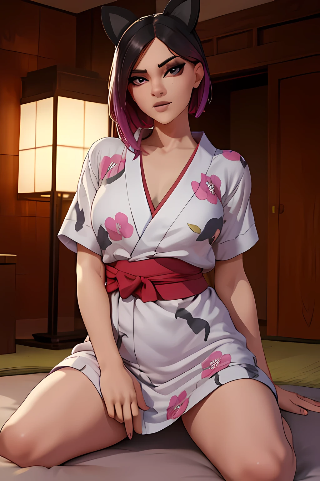 lince , japanese yukata dress , Noche ,Extremadamente detallado, rostro detallado,hermoso rostro, ojos finos, mirando al espectador, pose femenino.