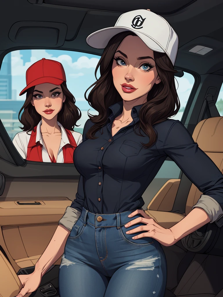 estilo de desenho animado:1.2), Geena Davis s Mulher brasileira desenho ART Artline mulher Imagem cartoon de uma mulher , roupas sensuais , garota super valente destemida , Ilustra??o estilo desenho animadocabelo preto ondulado, estilo de arte dos desenhos animados, estilo de arte dos desenhos animados, digital illustration style, design de personagens altamente detalhado, arte digital detalhada fofa, Fan art horror character design portrait, black curly hair digital illustration beautiful high quality portrait, arte em quadrinhos, retrato do design do personagem, Busty undressed and medium breasted female character cartoon style Geena Davis character sheet, homem grego branco com cabelo curto muito encaracolado e barba, Red baseball cap, Black and red utility jacket, motorist, alta qualidade, bonito, jeans azul claro, smooth body hair, messy look, robusto e sujo, different facial expressions, corpo todo, camisa branca, masculine, Alto,