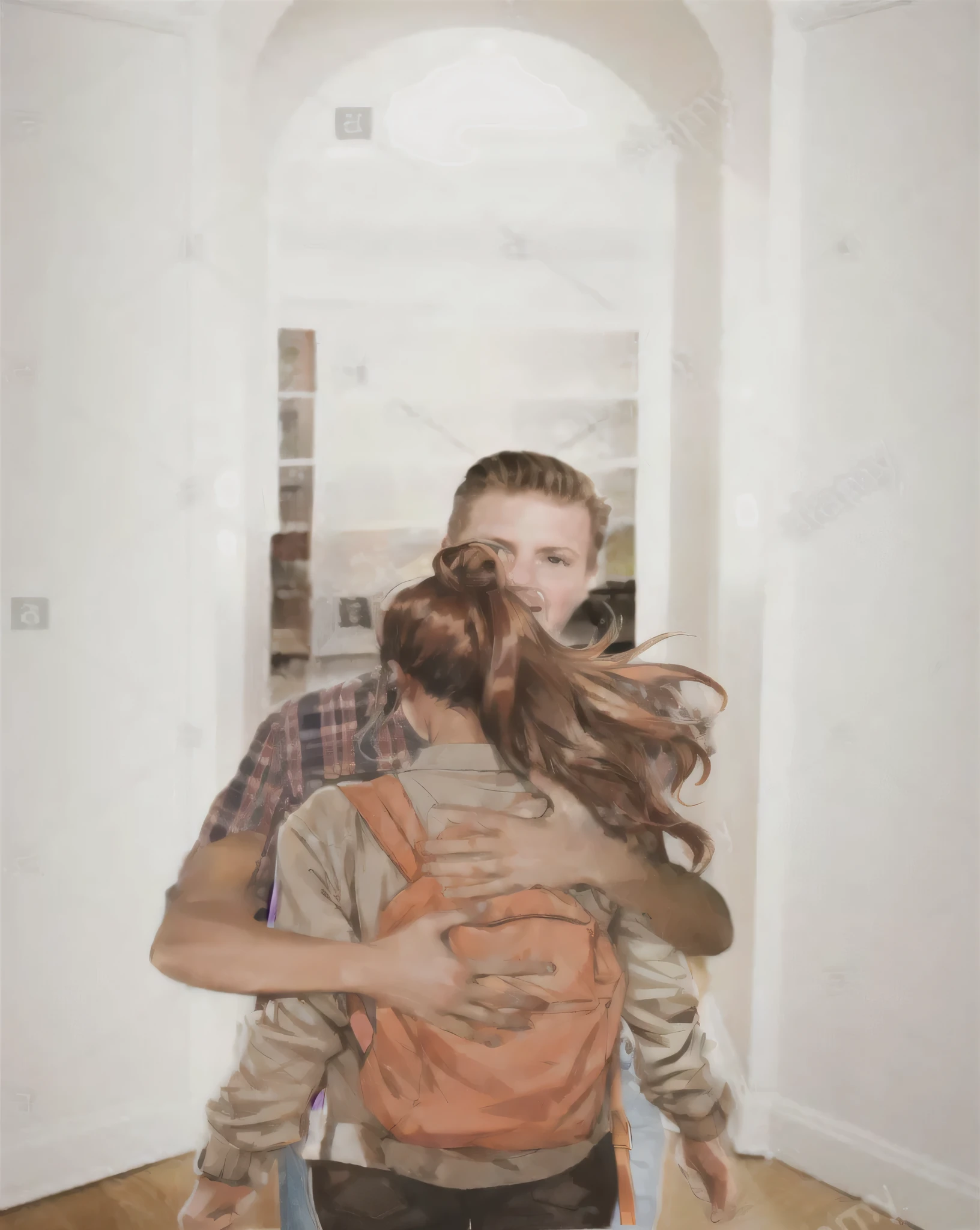Woman carrying man with backpack in hallway, hug, Hold on tight, emotional picture, jesus hug a woman, hug each other, Shutterstock Contest Winners, realistic movie stills, Emotional concept art, love concept art, realistic picture, Stock Illustration, photorealistic picture, reunion, commercial illustration, force him to run away, photo manipulation, Promotional renderings