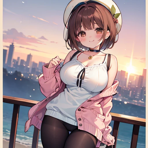 Beautiful slightly large breasts, Brown Hair, Brown eyes, Wave Shorthair, bangs, blush, bright, smile, Baby Face, first round, choker, Lock, 12 years old, Enchanted, Droopy eyes, Cute hat, Black tights, Thick thighs, Beautiful views, Pink Cardigan,