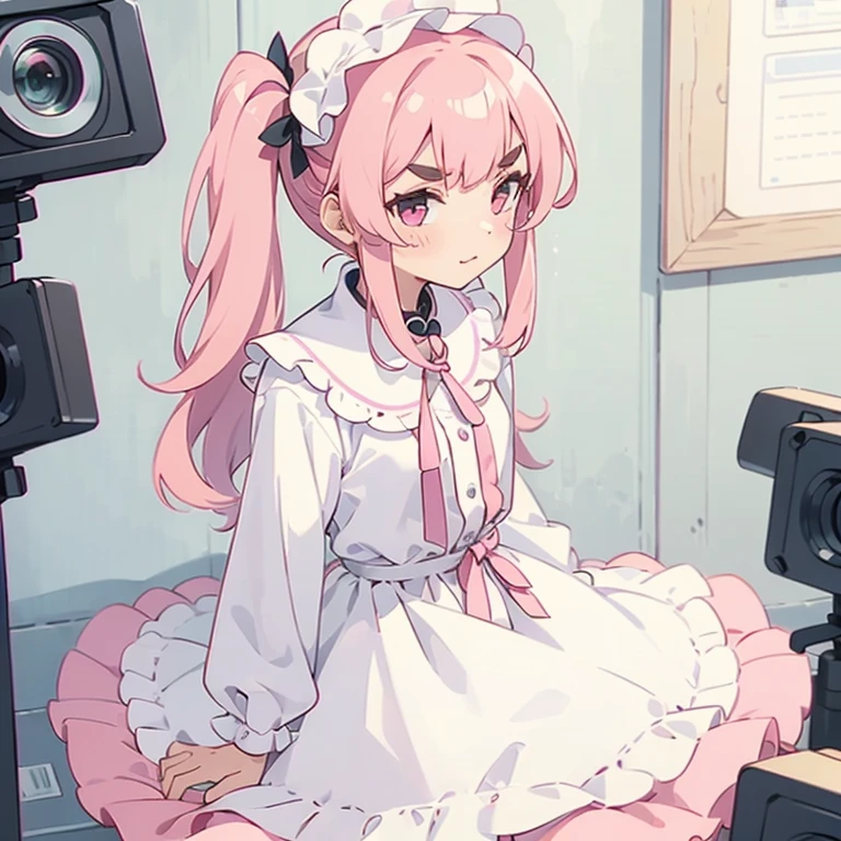 Girls with pink hair, long double-tailed hairstyle, ((small pink bushy eyebrows)), dressed in lolita clothes, (open dress), lolicon (Zankuro) drawing style by zankuro artist, Zancro style, image uploaded to R34, changing of clothes in a room, looking away, sexy flirtatious look,not looking at the camera (hidden camera recording it, security camera filter recording it)