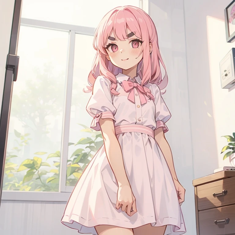 Cute pink hair、One girl in a cute dress、One girl takes to the bathroom、Look away、Standing、embarrassed from、Blushing、Keep your mouth shut、a street(Girl is peeing:1.2)