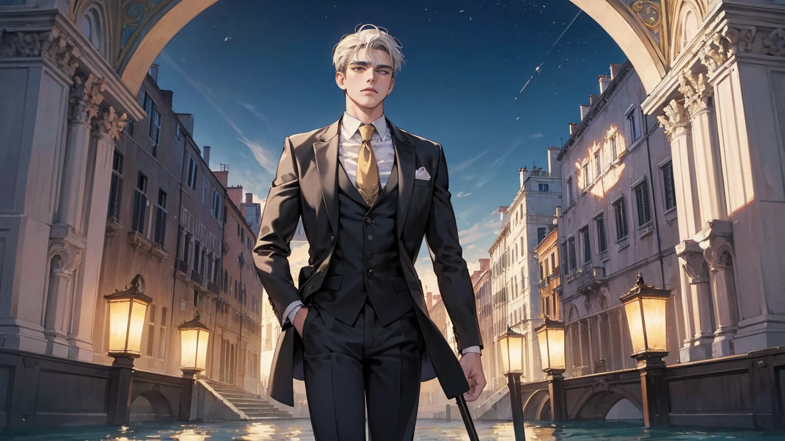 ((masterpiece)),highest quality, (8k, highest quality, masterpiece:1.2), Very detailed, Reincarnation of Roman Emperor Constantine the Great, independent man, twenties, hardworking and capable, accomplished businessman, in suit, sincere, kind, mild-mannered but ruthless when necessary, lion's eyes, bright piercing sharp eyes, night view of Venice, contemporary, elegant and luxurious, hyper image quality, super beautiful, detailed and exquisite,
