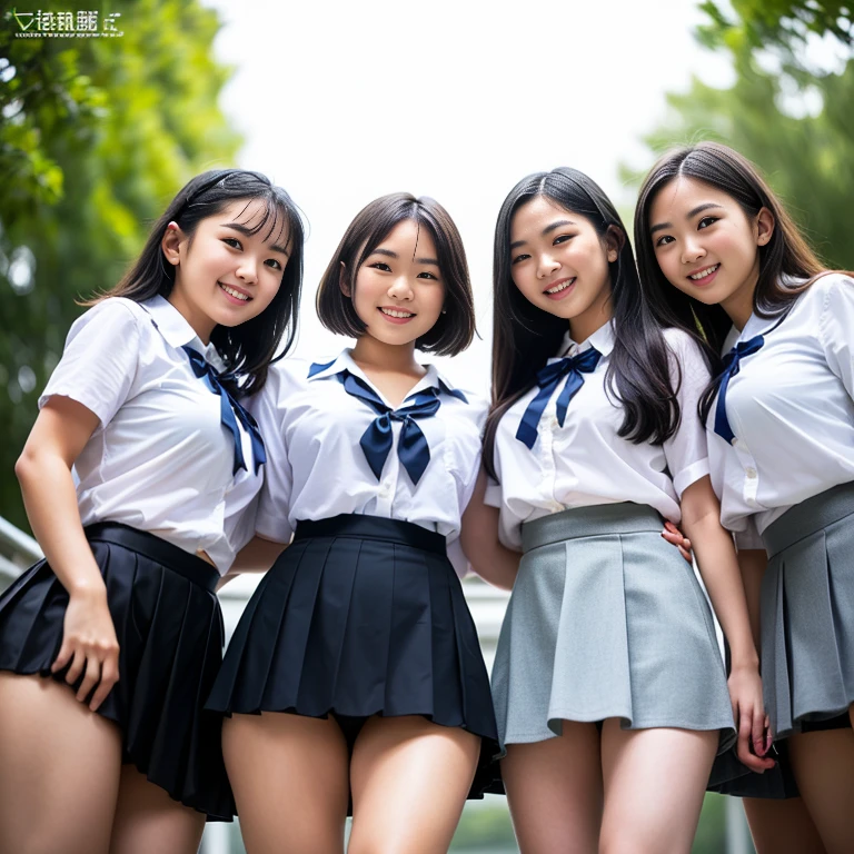 (8k、Raw photography、highest quality、masterpiece:1.2),(Black Hair:1.5),(Mr...々Cute hairstyle、Bobcut、Very short hair、ponytail、Twin tails:1.4),(6 high school girls、The girls are all very beautiful、Wearing uniform:1.6)、(Checked skirt: 1.2)、(Clothing that emphasizes the shape of your chest、Big Breasts:1.6)、(Group attendance at school:1.4)、Ultra-high resolution,(grassland:1.3)、(Japanese women: 1.2),(Photorealistic:1.37)、Photon Mapping,reality、(Everyone is so cute, like an idol: 1.7)、(Cute Smile: 1.7)、(Round face: 1.8)、(Baby Face: 1.2)、Radio City、Physically Based Rendering、Depth of field rally background、photograph, (Wearing a skirt that is too short: 2.0)、((Ultra mini skirt、Her skirt is short、White panties are visible..:1.4)),(All of them are wearing very short skirts、Angle from below、Beautiful thighs and panties: 1.5)、whole body、Super quality、((Showing panties:1.4)),(6 high school girls lift up the skirt:1.39)、A very cute girl with a young face:1.2、Thin body,Thin legs,(Very small face),(Browsing Caution:1.15)