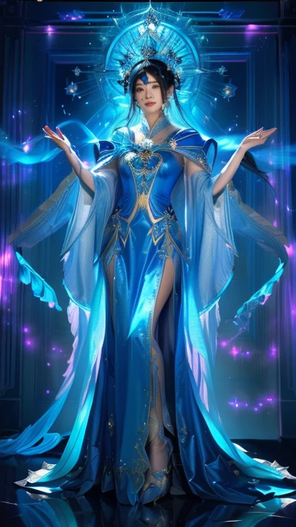 a close up of a woman in a blue dress with a blue cape, flowing magical robe, beautiful celestial mage, rossdraws global illumination, rossdraws cartoon vibrant, jellyfish priestess, ornate flowing robe, onmyoji detailed art, beautiful full body concept art, cushart krenz key art feminine, full portrait of elementalist
