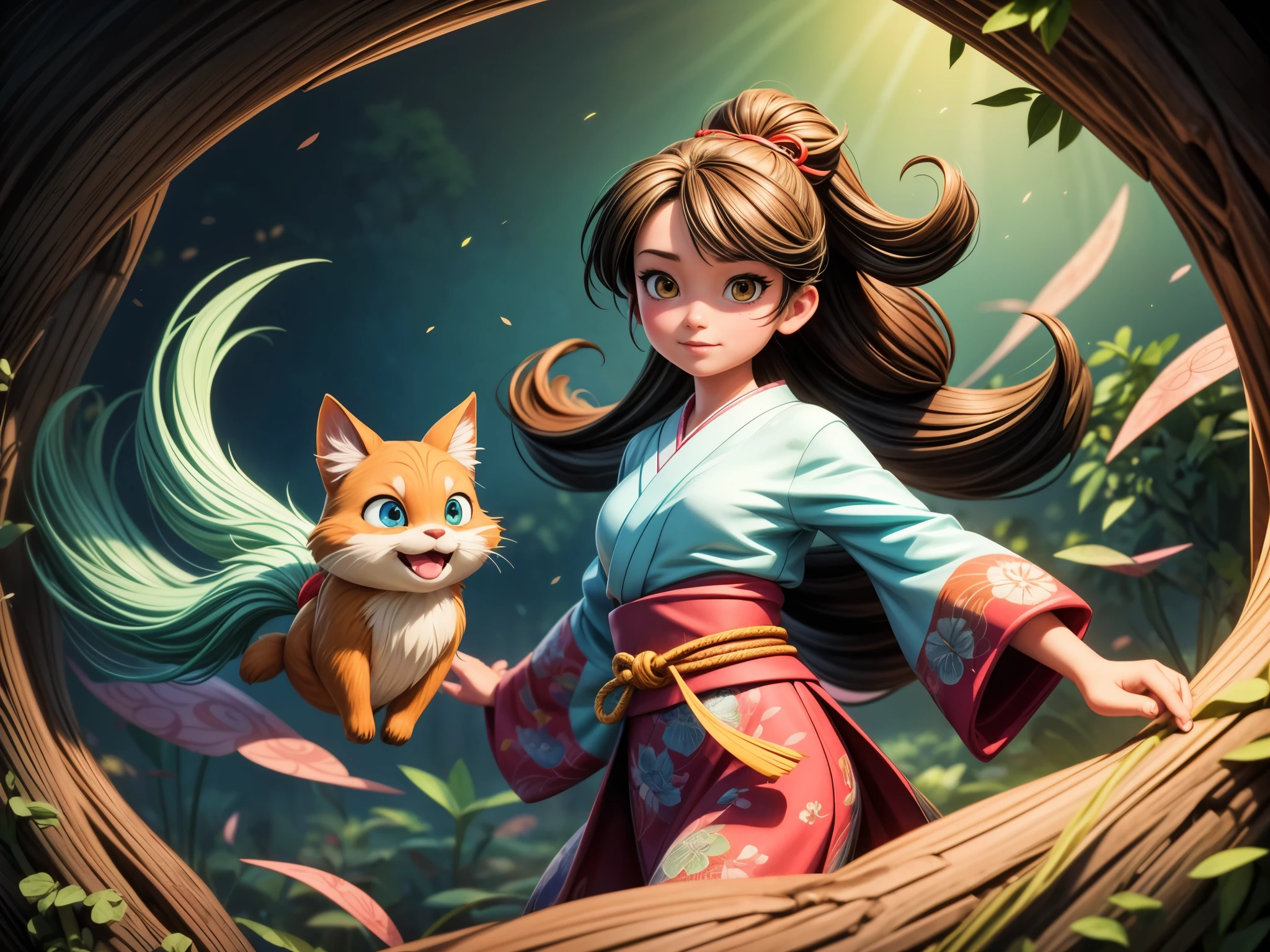 best quality,4k,8k,highres,masterpiece:1.2,ultra-detailed,realistic:1.37,traditional painting,Natsuki Takaya inspired artwork,bright colors,soft lighting,detailed background,lush garden,traditional Japanese art,ink wash painting,playful expression of characters,beautiful detailed eyes,beautiful detailed lips,cute detailed whiskers,traditional Japanese clothing,lively atmosphere,magical creatures,bold brushstrokes,delicate linework,flowing and dynamic composition,vibrant colors,subtle shading,detailed fur and clothes,expressive facial features,serene and tranquil setting,peaceful mood,fantastical world,playful poses,traditional elements blended with a modern twist,dark fantasy theme,emotive characters,whimsical and enchanting,typical yokai creatures,supernatural powers,action-packed scenes,expressive eyes,body movements with dynamic flow,expressive tails,visible brushstrokes,texture-rich details,dynamic interaction between characters,stylized and intricate details,atmospheric perspective incorporating depth,depiction of Japanese folklore and legends
