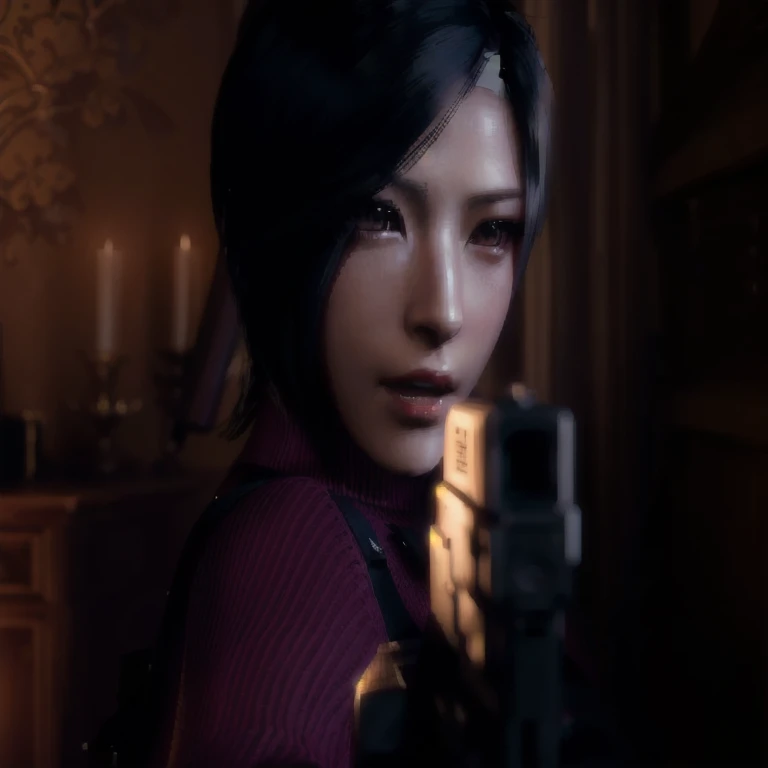 arafed woman holding a gun in a dimly lit room, 8k portrait render, glamorous jill valentine, deayami kojima, game cg, yayoi kasuma, rendered in sfm, portrait of tifa lockhart, hints of yayoi kasuma, perfect dark, photorealistic shot, video game render, faye valentine, female lead character