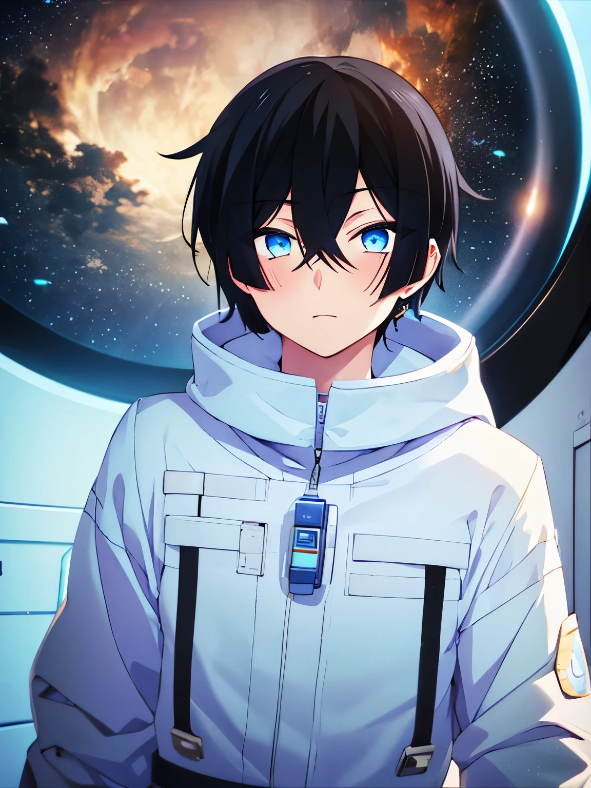 1boy,29 years old,stand,Short hair, black hair, blue eyes, astronaut uniform,half body photo