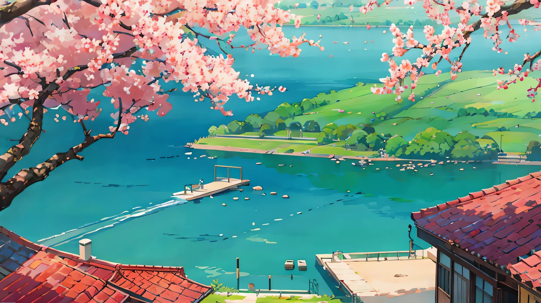 sunny, Cherry tree in full bloom, Cherry blossom tree on the lake,Wind up, Sitting Girl, Confused, High quality 8k, masterpiece, Spectacular views