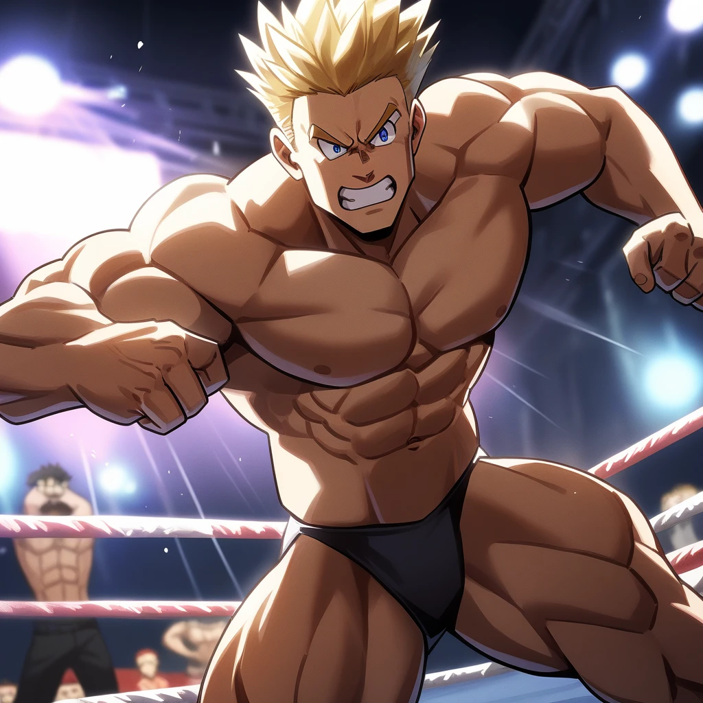 1guy, heavy muscular, blond, solo, black wrestling bikini-brief, topless, 25years old male, hollywood action, fighting posing, tsurime, sanpaku, blue eyes, hundsome guy, buitlfat, short spiked hair, nipppes, abs, dutch angle, on wrestling ring, high ratio body proportions, dramatic expression, fullbofy, 1990s, [[[[[cinematic shadows, cinematic lighting, lens flare, light leaks]]]]], VHS Quality