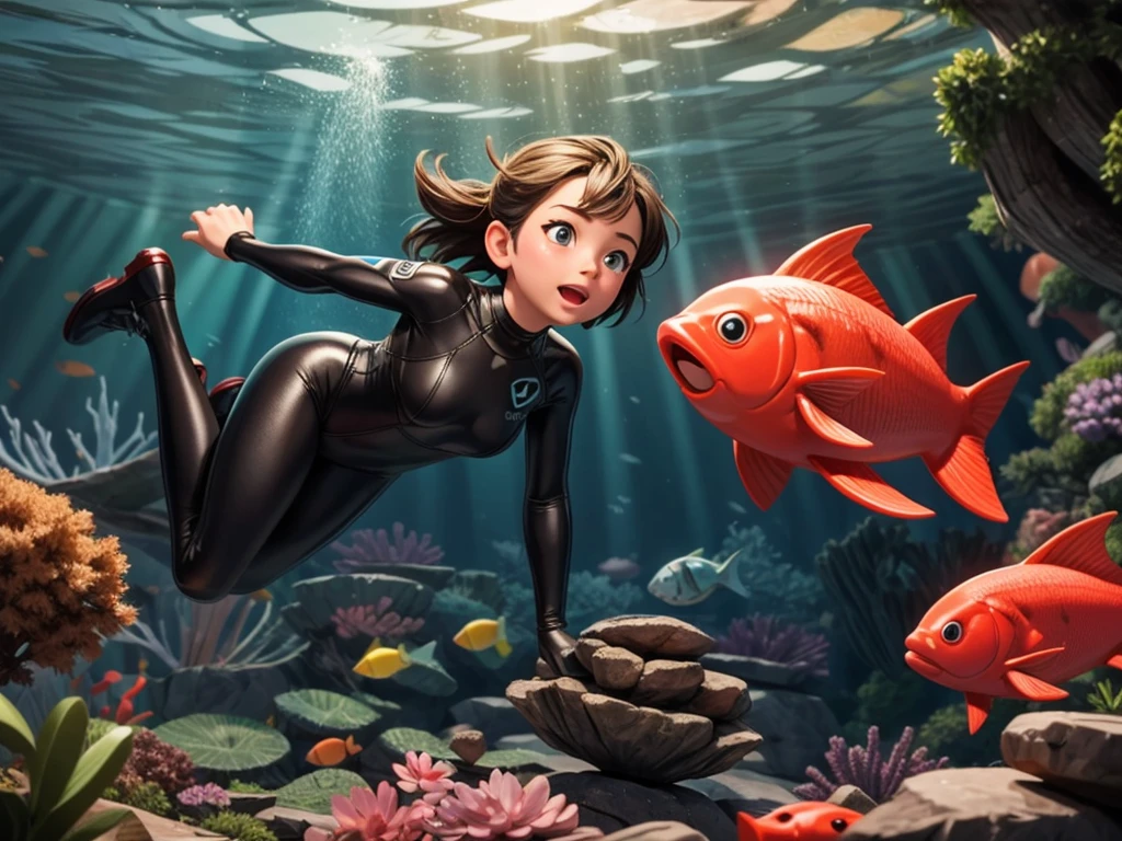 Diving into the deep sea、Oxygen cylinder、Wetsuit、deep sea fish