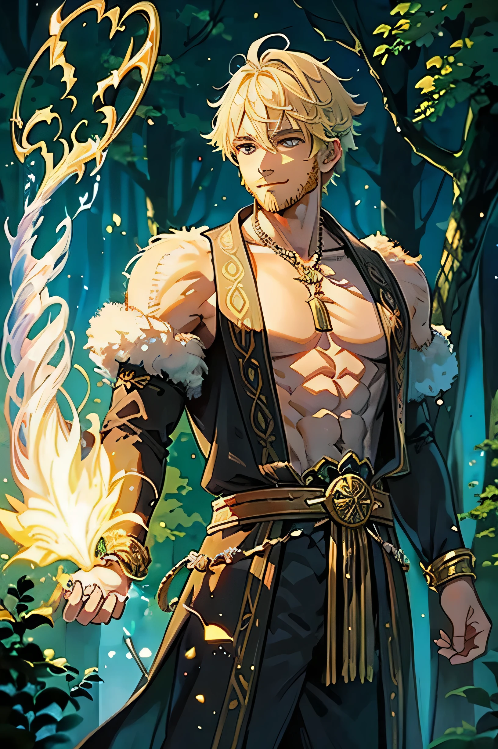 young male, bara wizard, short beard, ornate staff in one hand, arcane wizard robe, enchanting and dreamy scene of a fantasy forest, dense forest, pastel colors, oil painting, sense of enchantment, smiling, particles of light, military cut blonde hair, extremely muscular physique, realistic hands