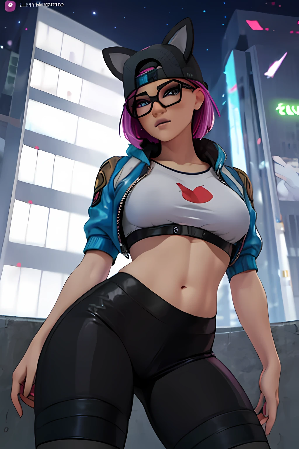 lince Cyberpunk , gorra , shorts negro con leggins Azul Marino, chaqueta azul marino ,Extremadamente detallado, rostro detallado, gafas ,hermoso rostro, ojos finos, mirando al espectador, pose femenino, Noche