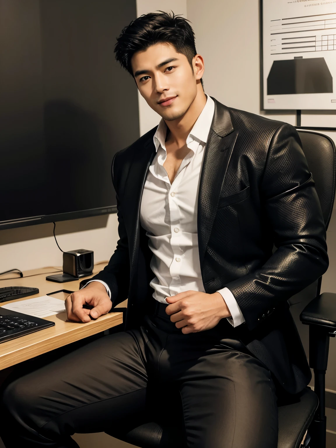 hyper realistic image of extremely handsome 30 year old korean man, mature features, wearing a luxurious suit, sitting in a leather office chair, a handsome 30 year old muscular filipino bodybuilder man wearing a tight black suit stands in front of him, vpl, looking at each other, in a fancy office, smiling, romantic atmosphere, perfect face, side view, highly detailed, intricate details, sharp focus, cinematic lighting, dramatic shadows