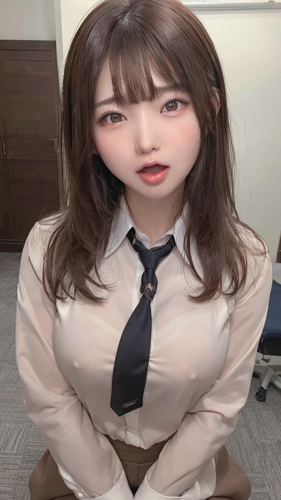 ((highest quality)), ((masterpiece)), ((Perfect Face))、21 years old,、Brown Hair、orgasm、blushed、Sweaty all over、Ahegao、office lady、Business jacket、Business Skirt、Mouth wide open、Sticking out tongue、Close ~ eyes、Face the camera from below、Camera angles from above、