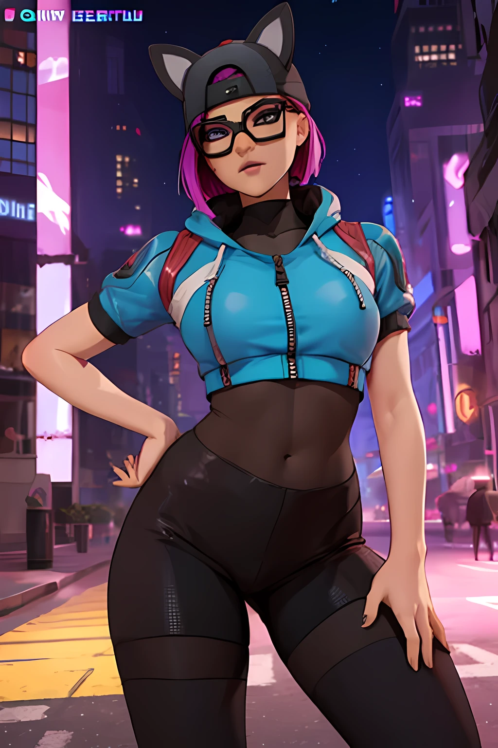 lince Cyberpunk , gorra , shorts negro con leggins Azul Marino, chaqueta azul marino ,Extremadamente detallado, rostro detallado, gafas ,hermoso rostro, ojos finos, mirando al espectador, pose femenino, Noche