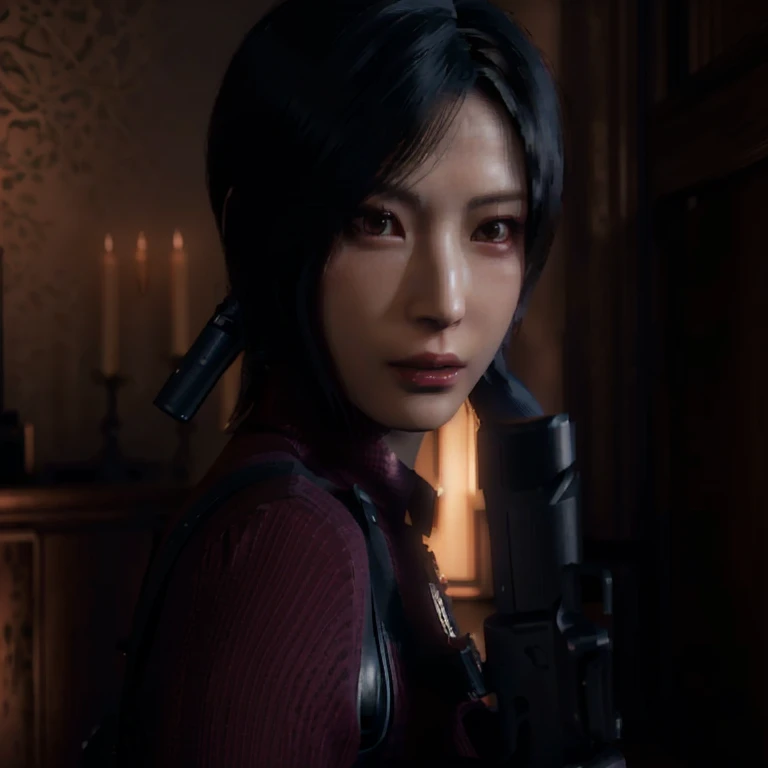 arafed woman holding a gun in a dimly lit room, 8k portrait render, glamorous jill valentine, deayami kojima, game cg, yayoi kasuma, rendered in sfm, portrait of tifa lockhart, hints of yayoi kasuma, perfect dark, photorealistic shot, video game render, faye valentine, female lead character