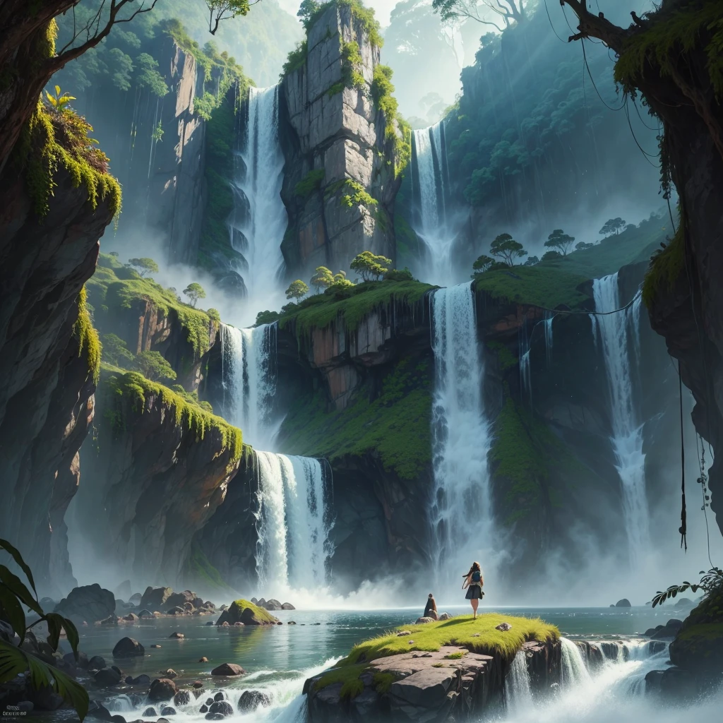 A brave Australian adventurer woman,diving,high waterfall,deep lake,[escaping],cannibals,pursuing [her],adrenaline rush [in the air],splashing water,fearless smile,breathtaking dive,and [surface] re-emerges,strong,[confident],and [determined]. Material: [Photorealistic,ultra-detailed],fine art,oil painting. Scene details: Lush green rainforest surrounding the waterfall,mist rising from the crashing water,thick vines hanging from the trees,exotic birds chirping loudly. Image quality: (Best quality,4k,8k,highres,masterpiece:1.2),ultra-detailed,realistic,HDR,sharp focus,physically-based rendering,vivid colors. Art style: Adventure,action,landscape. Color tone: Vibrant and rich with contrasts.
