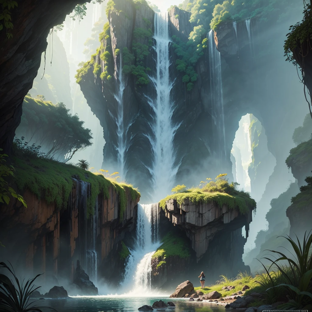 A brave Australian adventurer woman,diving,high waterfall,deep lake,[escaping],cannibals,pursuing [her],adrenaline rush [in the air],splashing water,fearless smile,breathtaking dive,and [surface] re-emerges,strong,[confident],and [determined]. Material: [Photorealistic,ultra-detailed],fine art,oil painting. Scene details: Lush green rainforest surrounding the waterfall,mist rising from the crashing water,thick vines hanging from the trees,exotic birds chirping loudly. Image quality: (Best quality,4k,8k,highres,masterpiece:1.2),ultra-detailed,realistic,HDR,sharp focus,physically-based rendering,vivid colors. Art style: Adventure,action,landscape. Color tone: Vibrant and rich with contrasts.