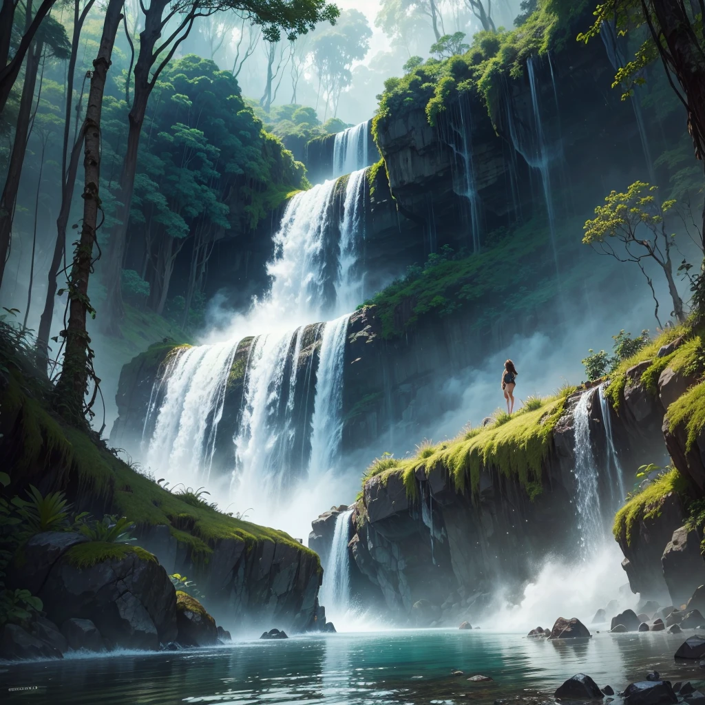 A brave Australian adventurer woman,diving,high waterfall,deep lake,[escaping],cannibals,pursuing [her],adrenaline rush [in the air],splashing water,fearless smile,breathtaking dive,and [surface] re-emerges,strong,[confident],and [determined]. Material: [Photorealistic,ultra-detailed],fine art,oil painting. Scene details: Lush green rainforest surrounding the waterfall,mist rising from the crashing water,thick vines hanging from the trees,exotic birds chirping loudly. Image quality: (Best quality,4k,8k,highres,masterpiece:1.2),ultra-detailed,realistic,HDR,sharp focus,physically-based rendering,vivid colors. Art style: Adventure,action,landscape. Color tone: Vibrant and rich with contrasts.
